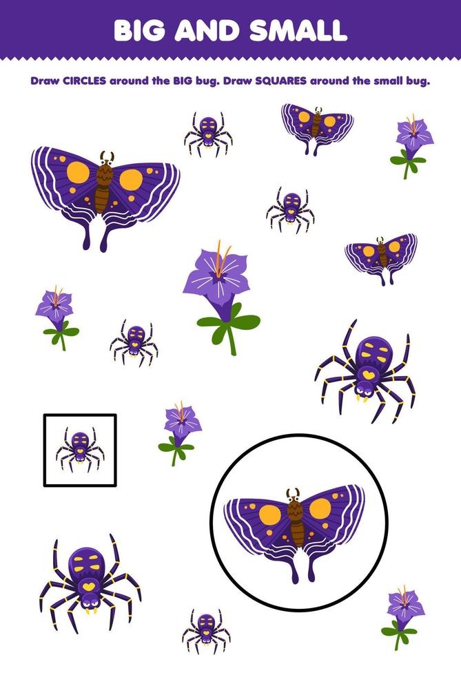 onderwijs spel voor kinderen regelen door grootte groot of klein door tekening cirkel en plein van schattig tekenfilm vlinder spin bloem afdrukbare kever werkblad vector