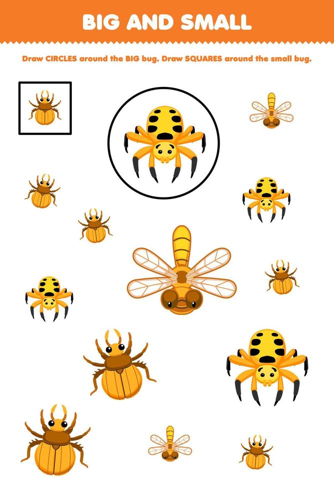 onderwijs spel voor kinderen regelen door grootte groot of klein door tekening cirkel en plein van schattig tekenfilm lieveheersbeestje spin libel afdrukbare kever werkblad vector