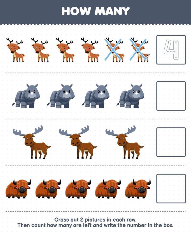onderwijs spel voor kinderen tellen hoe veel schattig tekenfilm hert neushoorn eland jak en schrijven de aantal in de doos afdrukbare dier werkblad vector