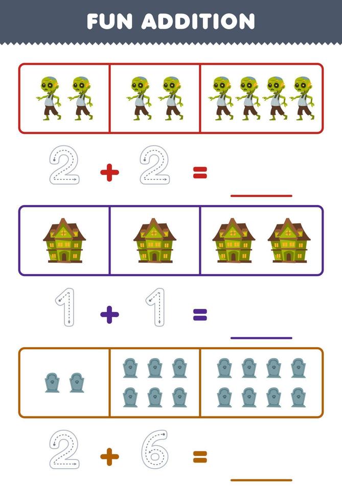 onderwijs spel voor kinderen pret toevoeging door tellen en traceren de aantal van schattig tekenfilm zombie achtervolgd huis grafsteen afdrukbare halloween werkblad vector