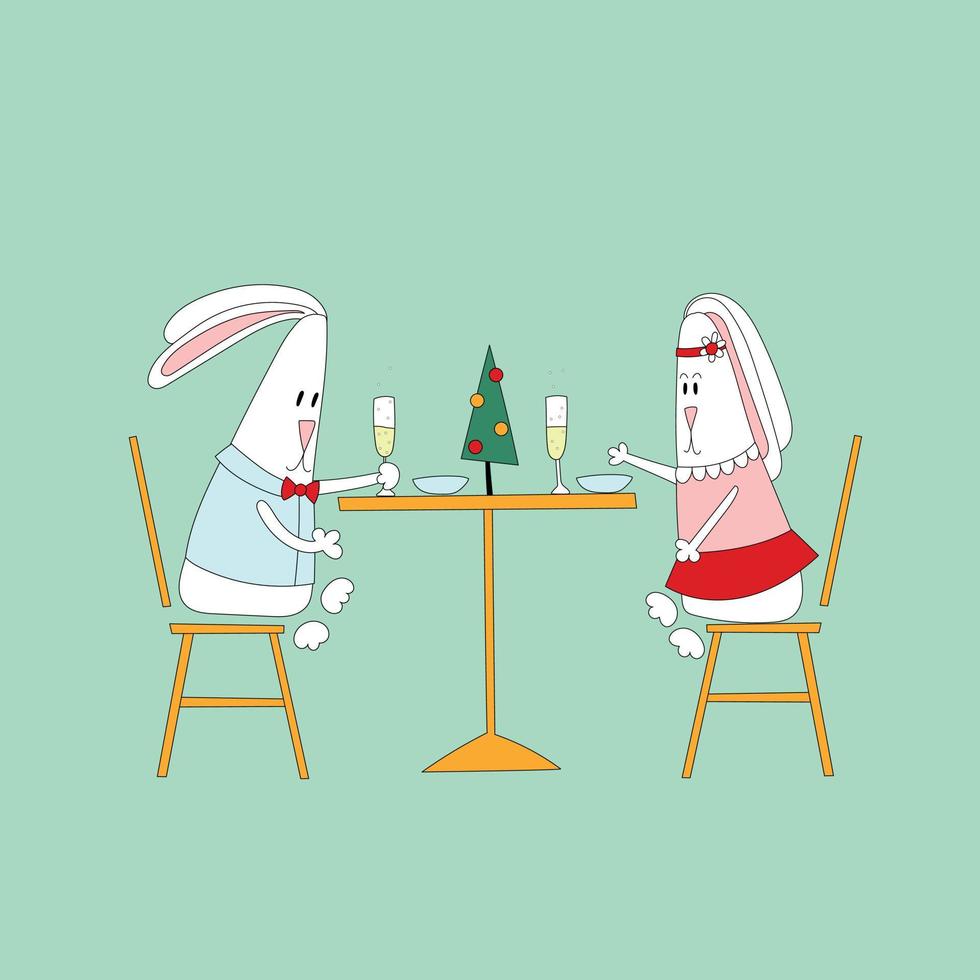 konijn symbool 2023. een paar Bij de nieuw jaar s tafel. romantisch datum voor Kerstmis vector