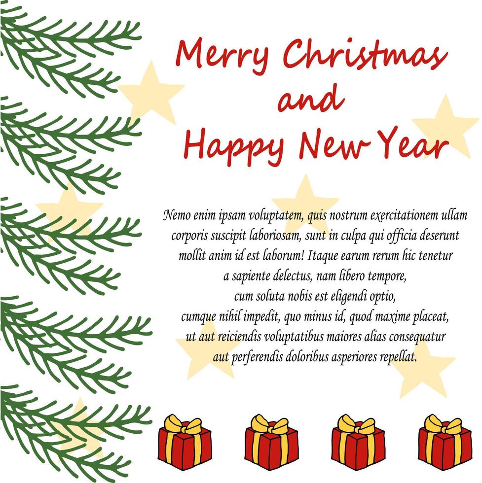 nieuw jaar kaart sjabloon. sterren, geschenken, Kerstmis boom Afdeling. eenvoudig ontwerp. vector illustratie