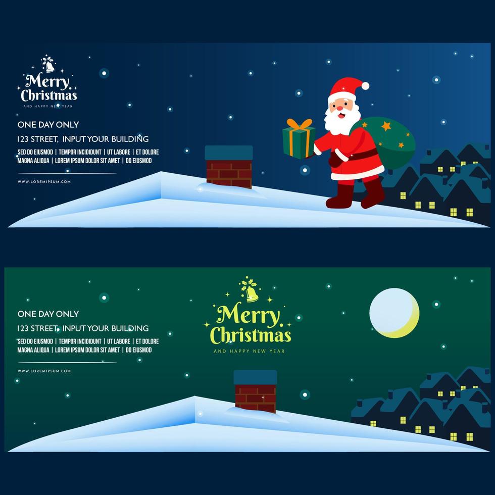 banier flayer ontwerp sjabloon vrolijk Kerstmis de kerstman met wie geschenk doos Aan de dak groen blauw kleur vector