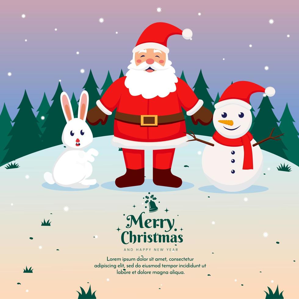 groet kaart Kerstmis de kerstman met konijn en sneeuwman in de sneeuw regen vector illustratie