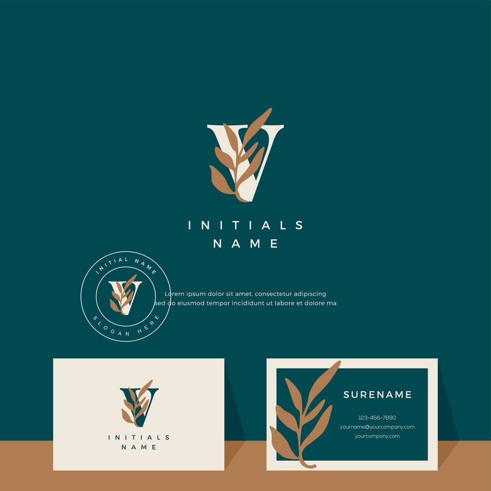 brief v met blad schoonheid vector logo ontwerp van eerste bruiloft, mode, boetiek, bloemen en botanisch