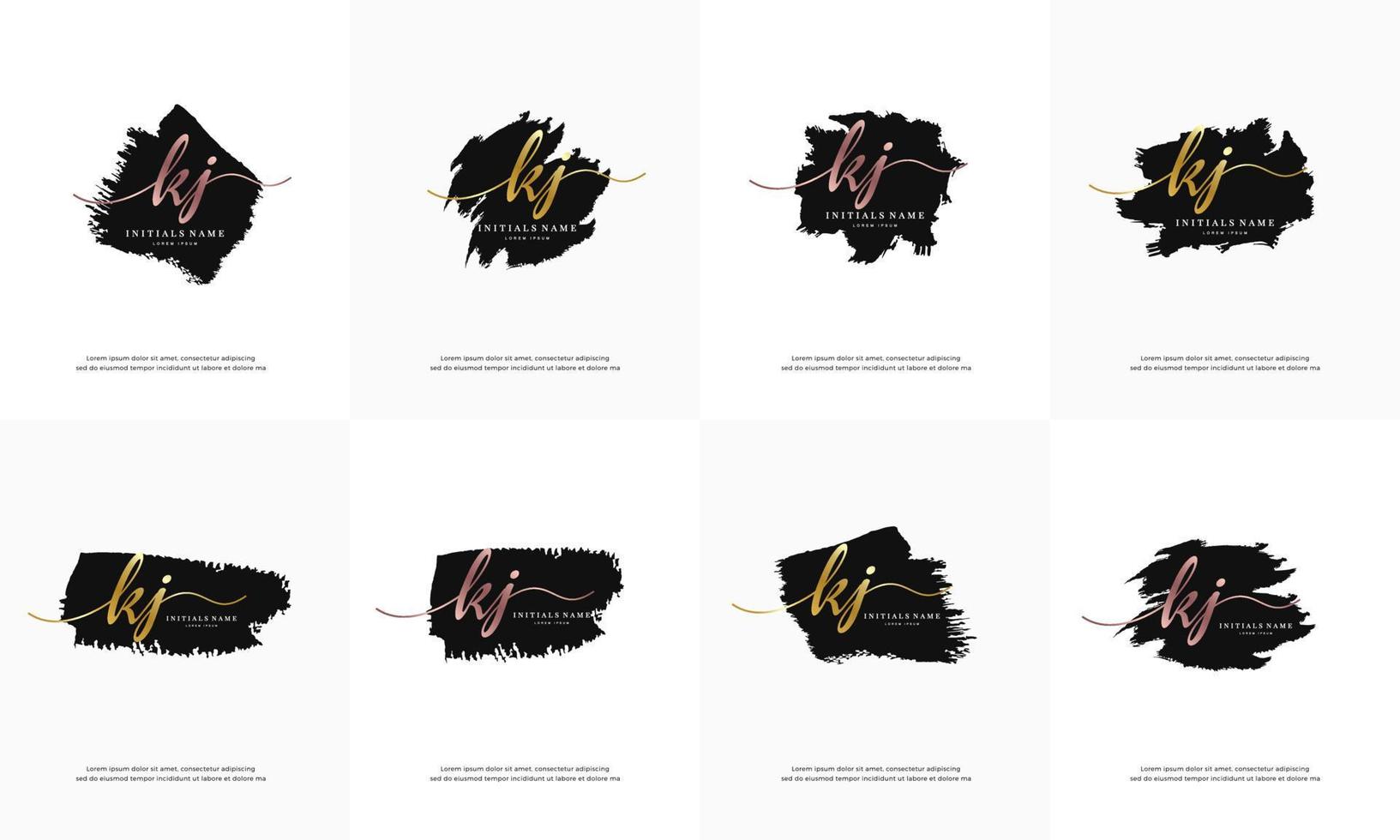 eerste goud brief kj k j handschrift logo reeks ontwerp sjabloon Aan zwart borstel vector