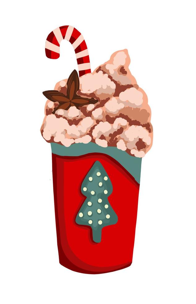 zakelijke ansichtkaart voor koffie bar. cappuccino of frapuccino in een rood glas. hand- getrokken vector illustratie. winter drinken met room en kruiden.kerstmis karamel.