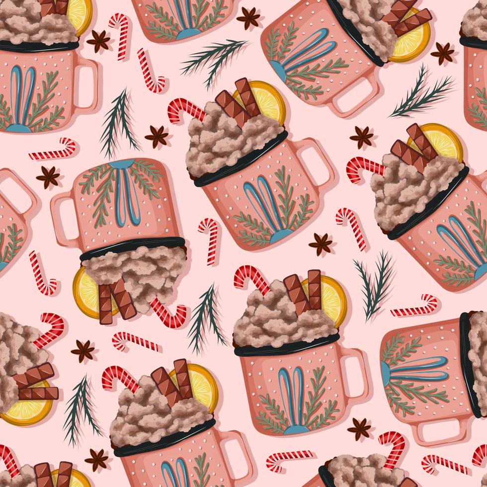 Kerstmis naadloos achtergrond met cups van cacao. helder illustratie van een koffie beker. vector