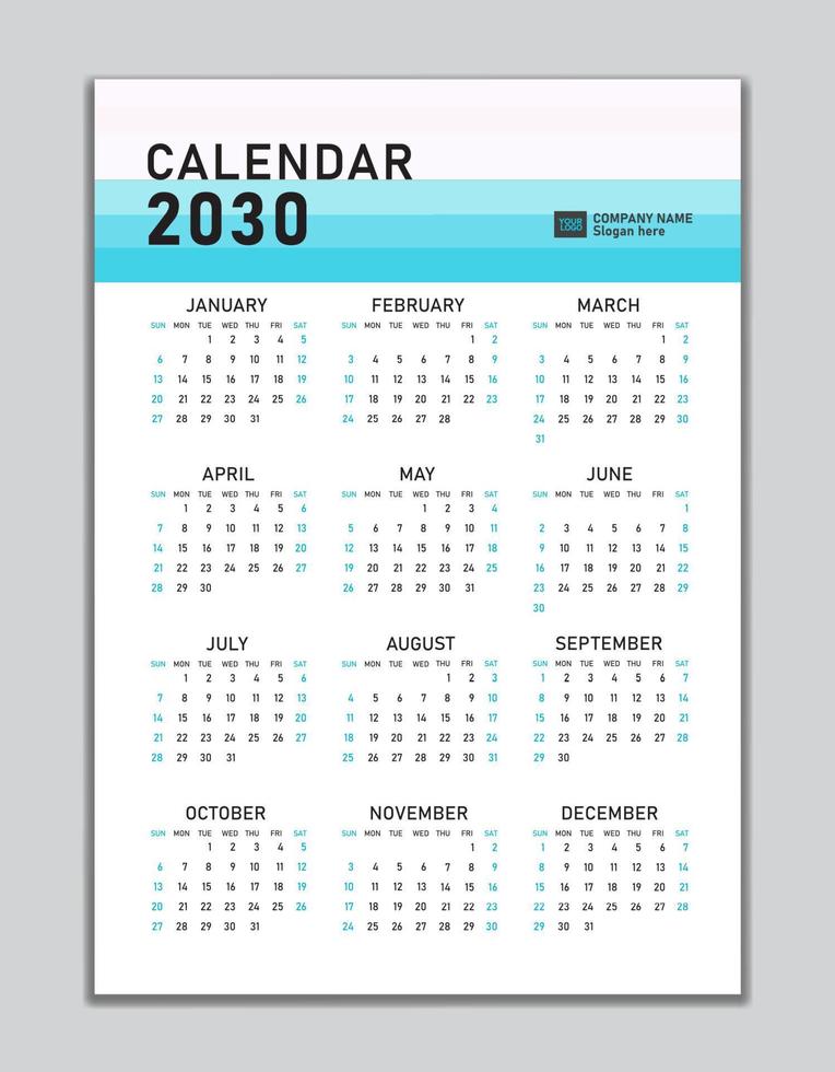 muur kalender 2030 sjabloon, bureau kalender 2030 ontwerp, week begin zondag, bedrijf folder, reeks van 12 maanden, week begint zondag, organisator, planner, het drukken media, kalender ontwerp pastel concept vector