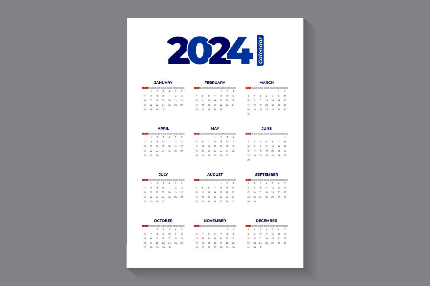 2024 kalender sjabloon, bewerkbare vector