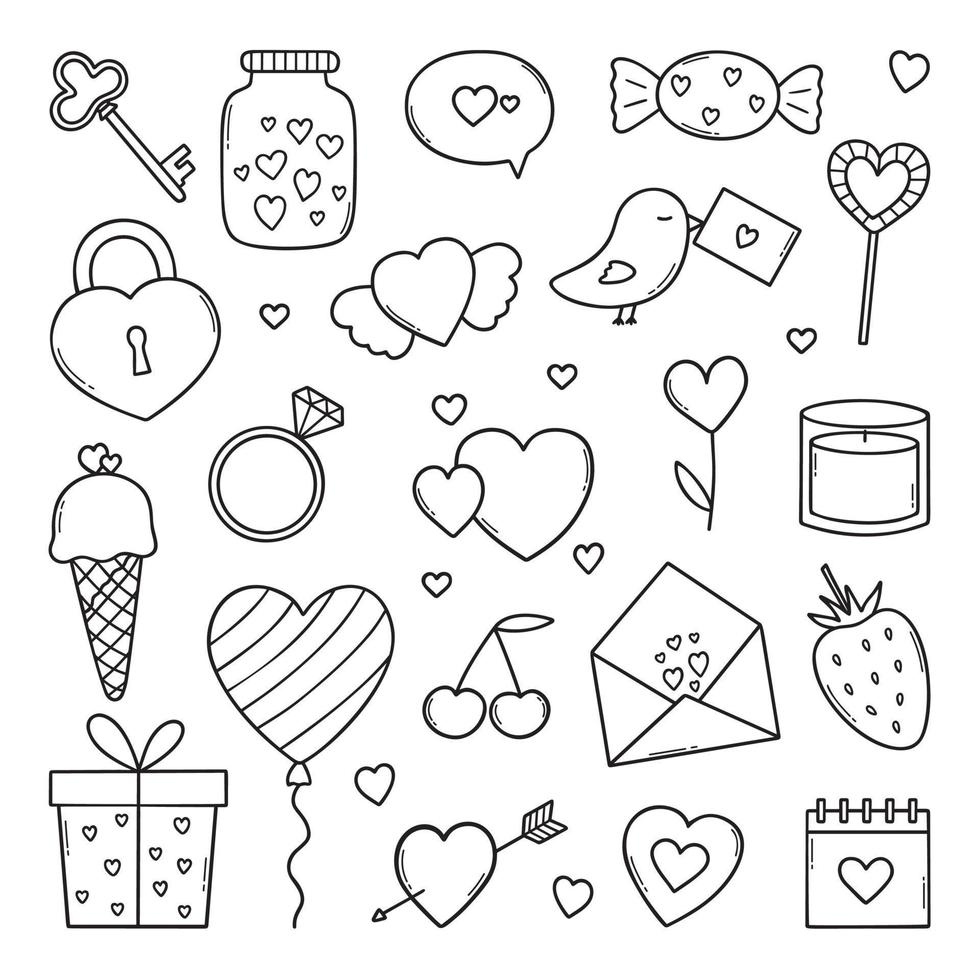 Valentijnsdag dag tekening set. liefde elementen in schetsen stijl. hand- getrokken vector illustratie geïsoleerd Aan wit achtergrond