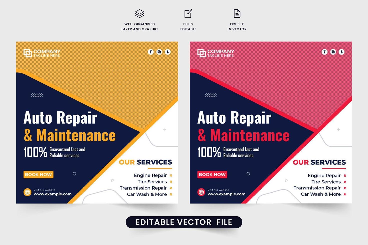 auto- bedrijf beheer en reparatie onderhoud sjabloon voor sociaal media marketing. auto onderhoud onderhoud sociaal media post ontwerp met geel en rood kleuren. voertuig reparatie bedrijf Promotie. vector