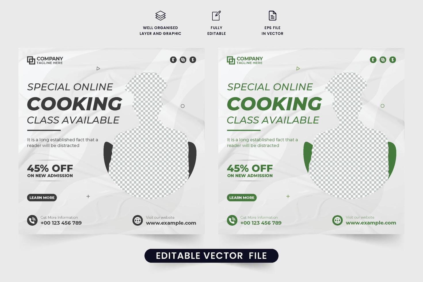 speciaal Koken klasse sociaal media afzet sjabloon ontwerp met donker en groen kleuren. culinaire web banier ontwerp met foto tijdelijke aanduidingen. Koken les advertentie poster sjabloon. vector