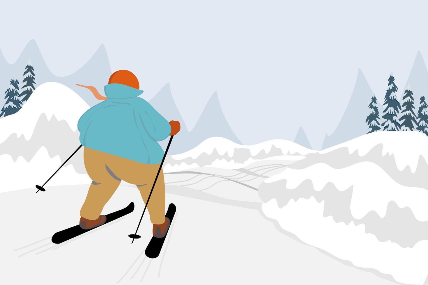 skiën Mens in blauw trui en voorhoofd broek Aan berg, spelen ski, landschap aan het bedekken door ijs en sneeuw in winter seizoen, vector tekenfilm karakter tekening