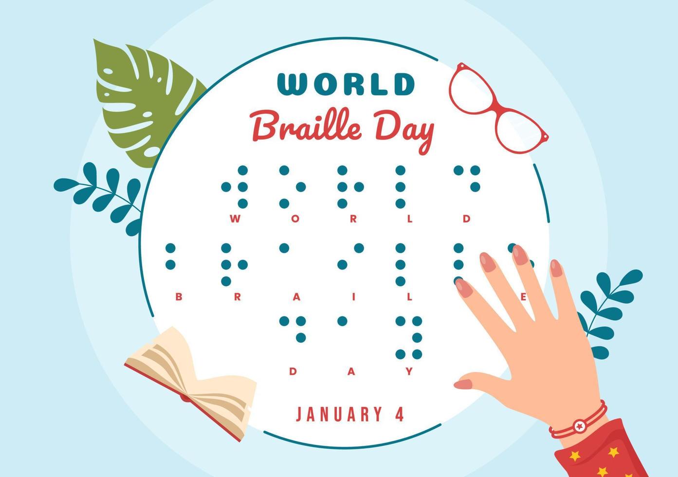 wereld braille dag Aan 4e van januari met tekst door alfabet voor middelen van communicatie in vlak tekenfilm hand- getrokken Sjablonen illustratie vector