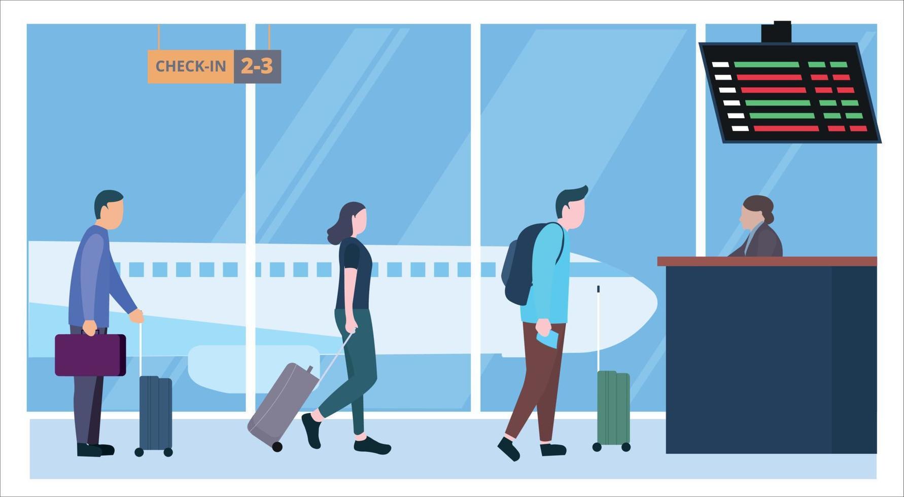 vector illustratie van mensen instappen vlucht luchthaven in rij. reizen