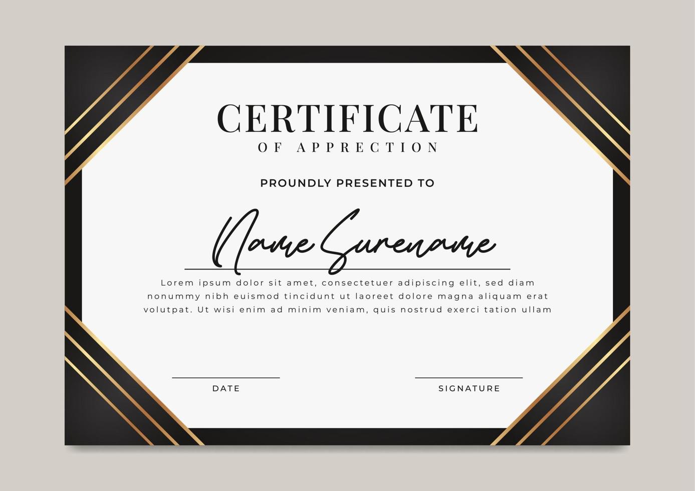 zwart luxe certificaat van prestatie met goud insigne sjabloon vector