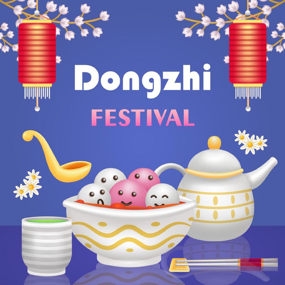 dongzhi festival. 3d illustratie van schattig zoet soep knoedels, theepot, groen thee en Chinese lantaarn ornament vector