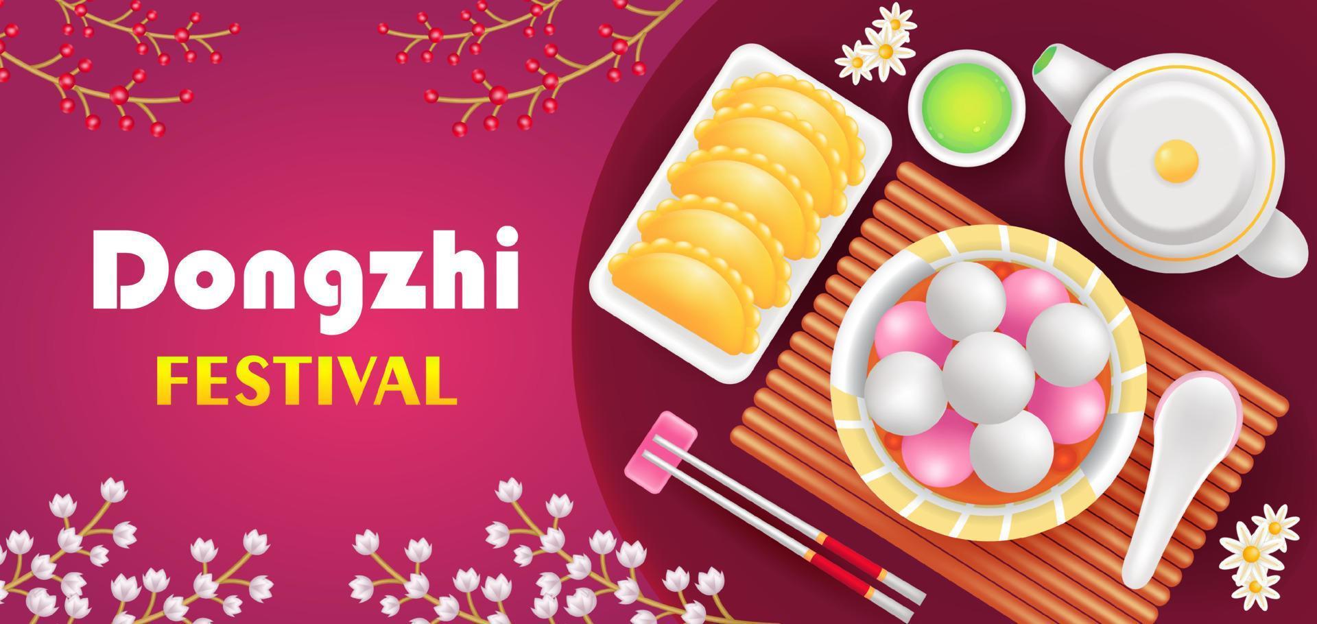 dongzhi festival. 3d illustratie van gebakken knoedels, zoet soep knoedels, groen thee en bloemen ornament vector