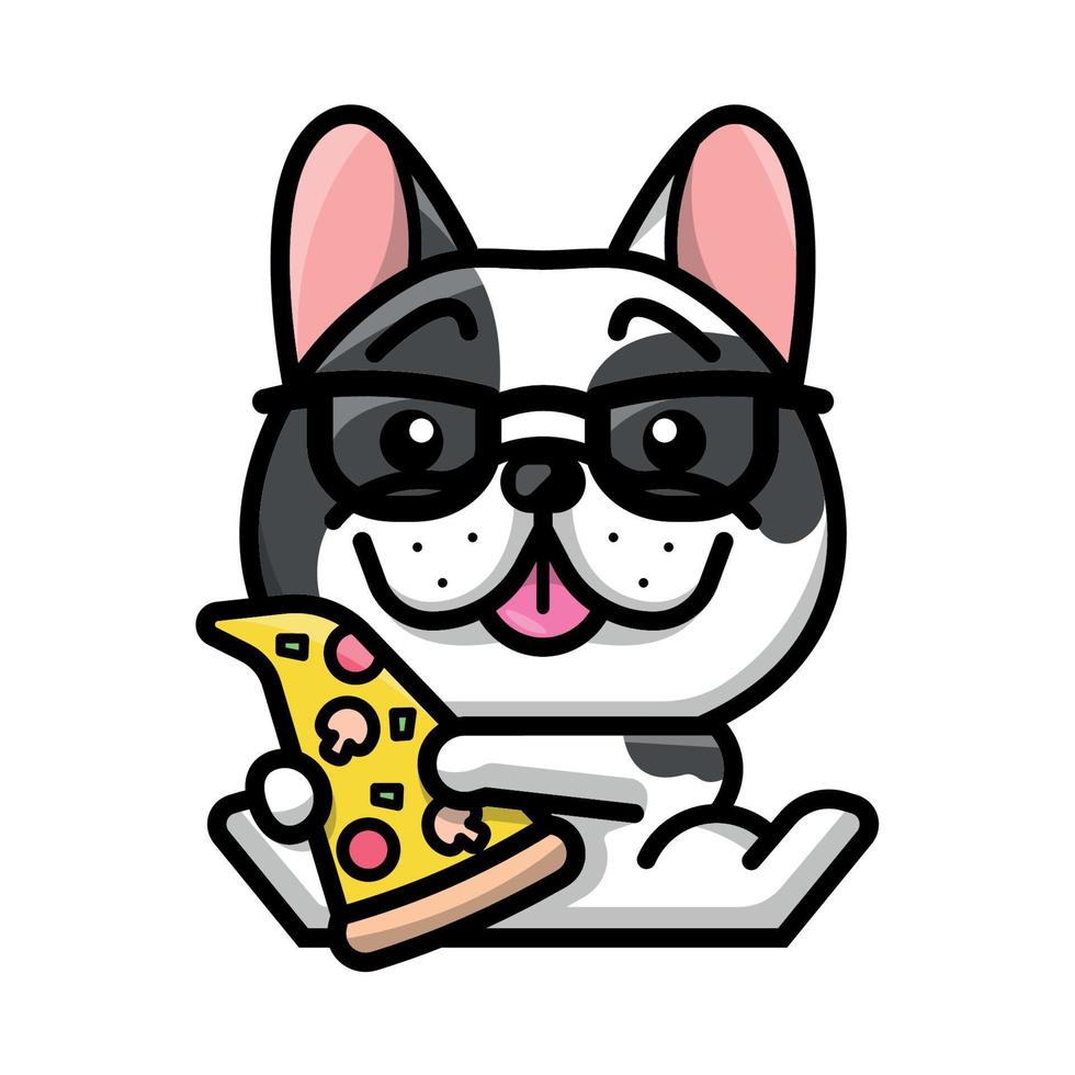 een schattig Frans bulldog is Holding een plak van pizza tekenfilm illustratie vector