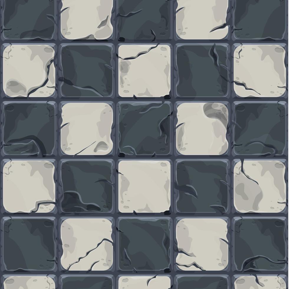 schaakbord zwart en wit tegel, bakstenen spel achtergrond in tekenfilm stijl, naadloos getextureerde oppervlak. ui spel Bedrijfsmiddel, weg of verdieping materiaal. vector illustratie