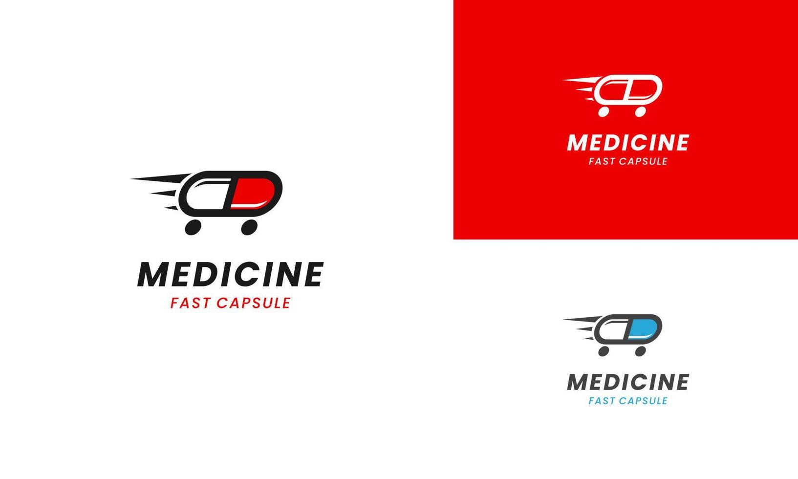 snel geneeskunde capsule pil ziekenhuis apotheek auto levering logo ontwerp vector