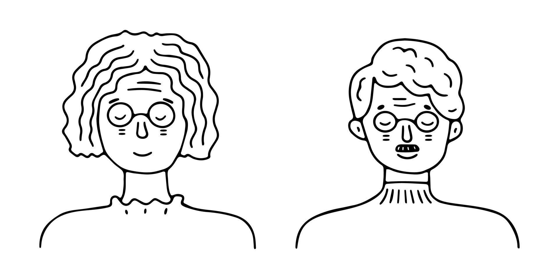 tekening oud vrouw en Mens met bril portret. modieus hand- getrokken icoon. zwart en wit vector illustratie. gelukkig emoties. portret met een positief gelaats uitdrukking. hand- getrokken tekening schetsen