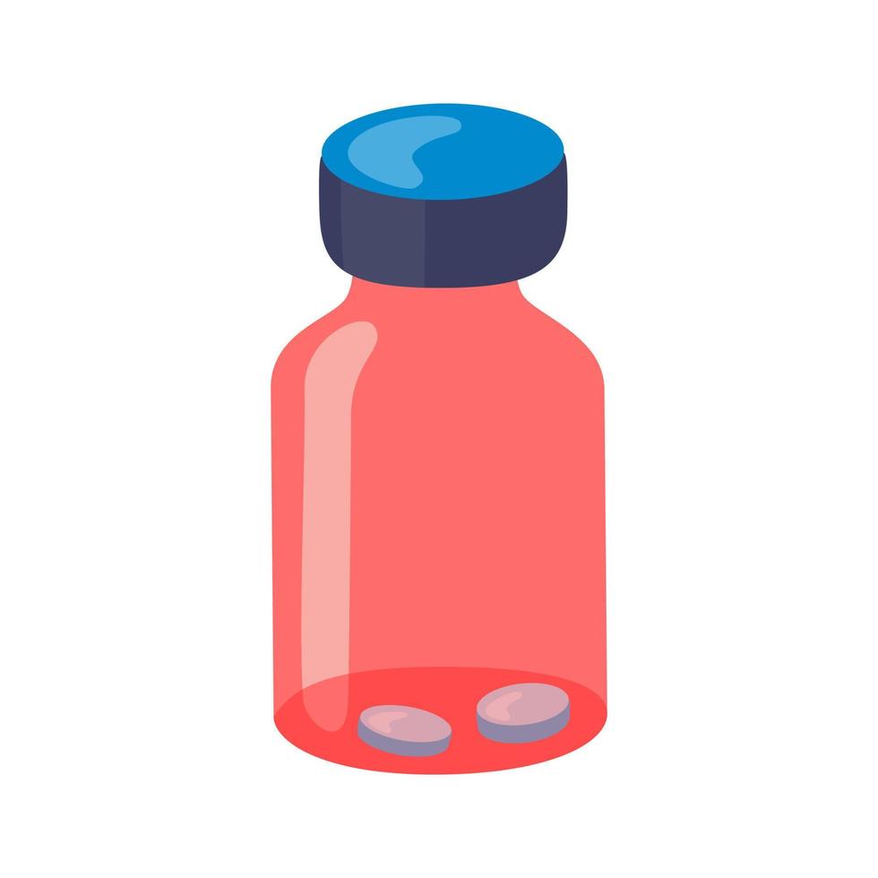 glas fles met medisch pillen geïsoleerd Aan een wit achtergrond. vector illustratie van farmaceutisch flacon verpakking met medicijnen of drugs.