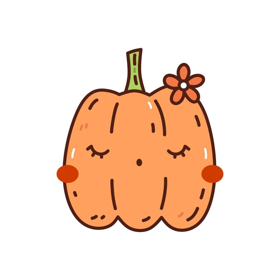 schattig en grappig oranje pompoen geïsoleerd Aan wit achtergrond. vector hand getekend illustratie in tekening stijl. kawaii karakter. perfect voor kaarten, decoraties, logo en halloween ontwerpen.