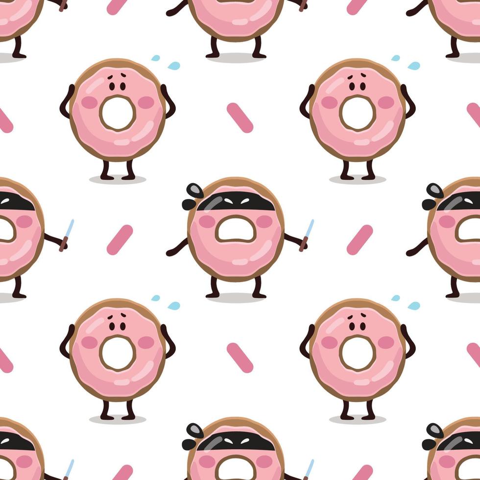 donut rover met mes en bang donut naadloos patroon. roze donut structuur illustratie. grappig kinderen vlak digitaal textiel patroon van roze geglazuurd gelukkig donut. vector