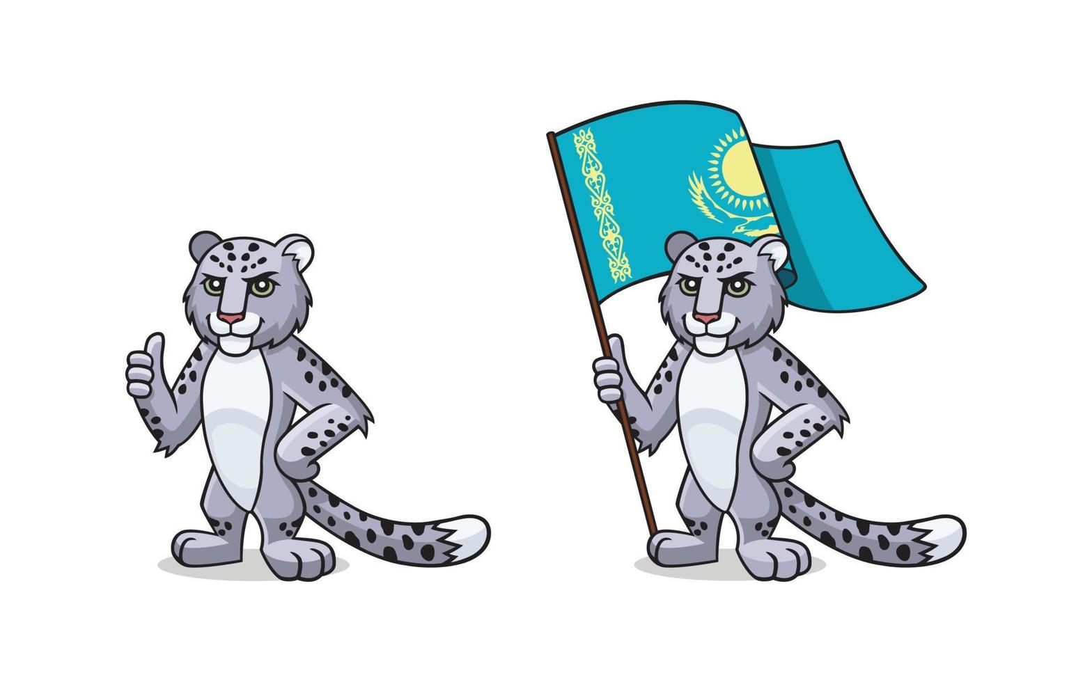 sneeuw luipaard - irbis met Kazachstan vlag is tonen duim omhoog. karakter, mascotte, symbool, teken van Kazachstan. reeks van sneeuw luipaarden vector