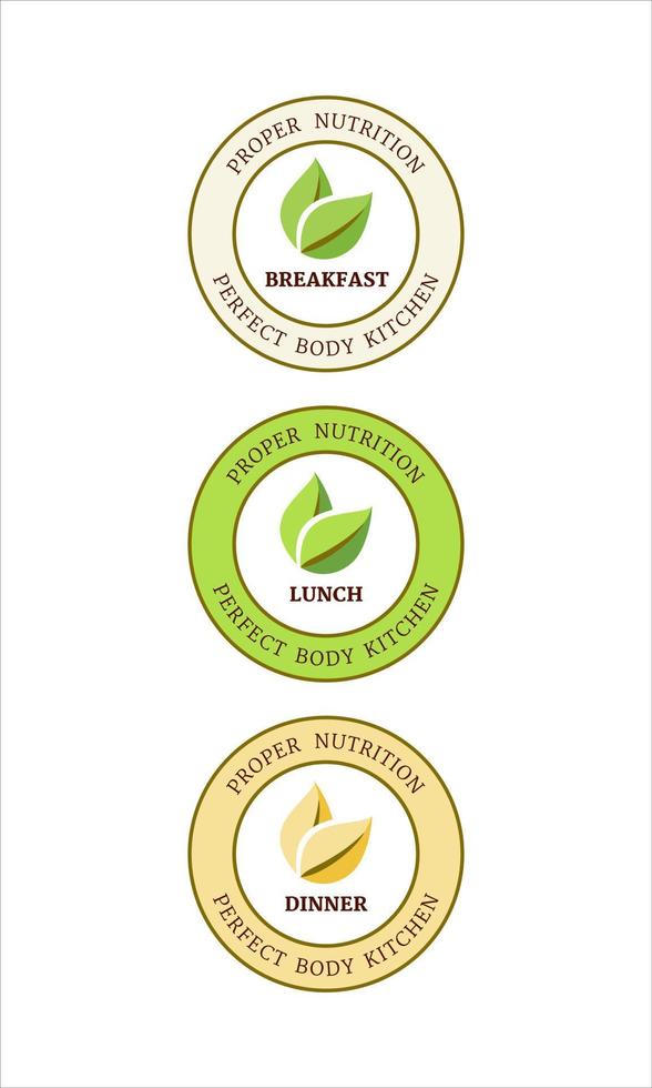 de logos voor een gezond, duurzaam, eco voedsel bedrijf. de logo's, stickers voor drie maaltijden - ontbijt, lunch, diner. concept voor logo, teken, ontwerp, icoon van biologisch voedsel bedrijf. vector