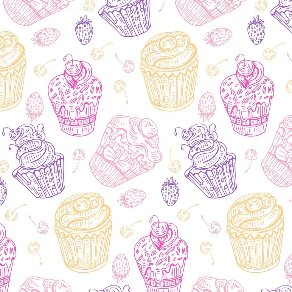 zoet roze fee cupcakes Aan wit achtergrond. patroon. structuur voor kleding stof, inpakken, behang. decoratief afdrukken. vector