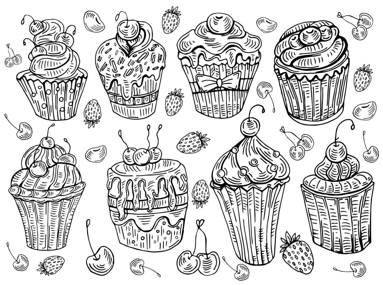 hand getekend cupcakes reeks in schetsen stijl vector