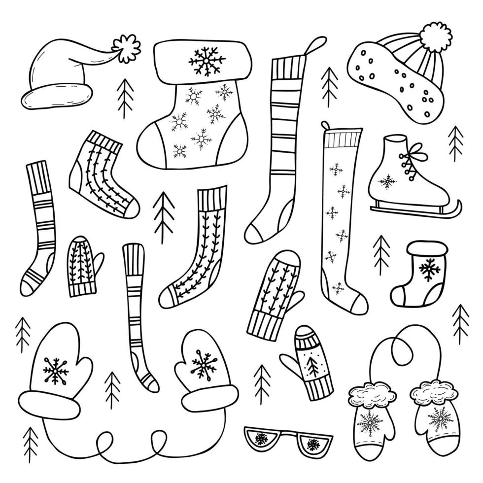 winter gebreid kleren, schaatsen, gebreid sokken, wanten en hoed, de kerstman hoed en Kerstmis bagageruimte met sneeuwvlok. vector lineair hand- getrokken krabbels. geïsoleerd tekeningen voor ontwerp, decor en kaarten