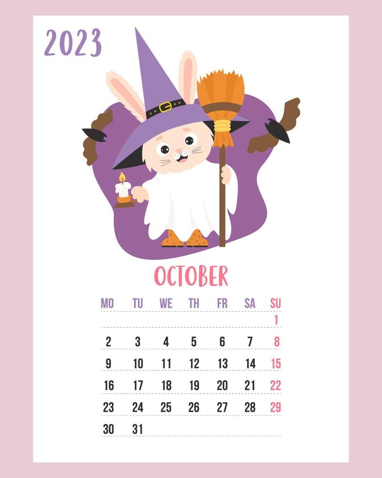 oktober 2023 kalender. schattig konijn halloween geest in heks hoed, met bezem, kaars en vleermuizen. vector illustratie. verticaal sjabloon. week van maandag in engels. konijn is symbool 2023 jaar.