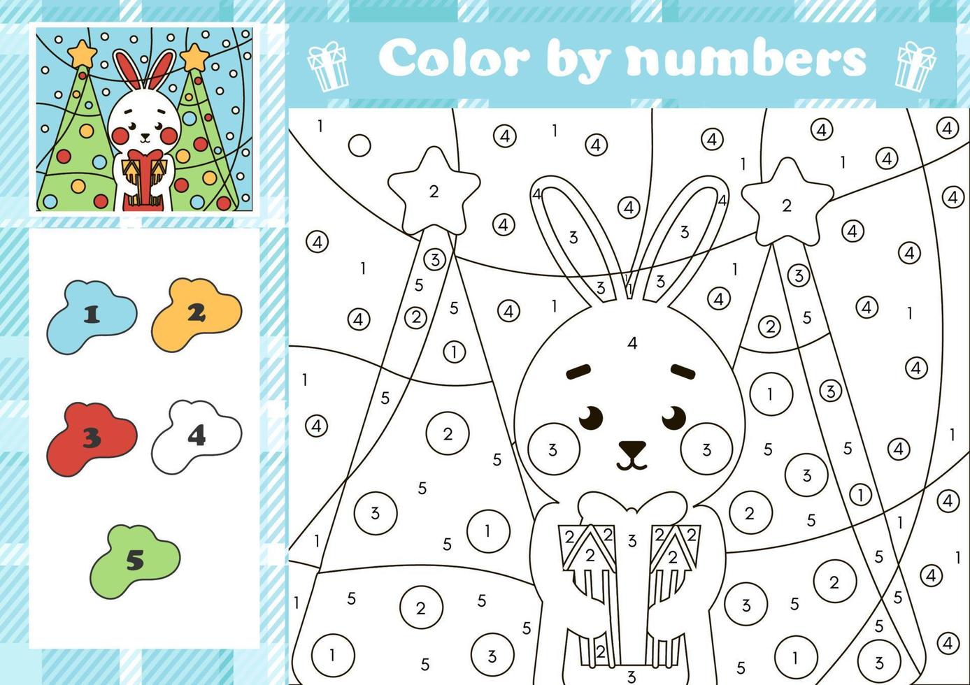 Kerstmis aantal kleur bladzijde voor kinderen met konijn karakter en Kerstmis boom vector