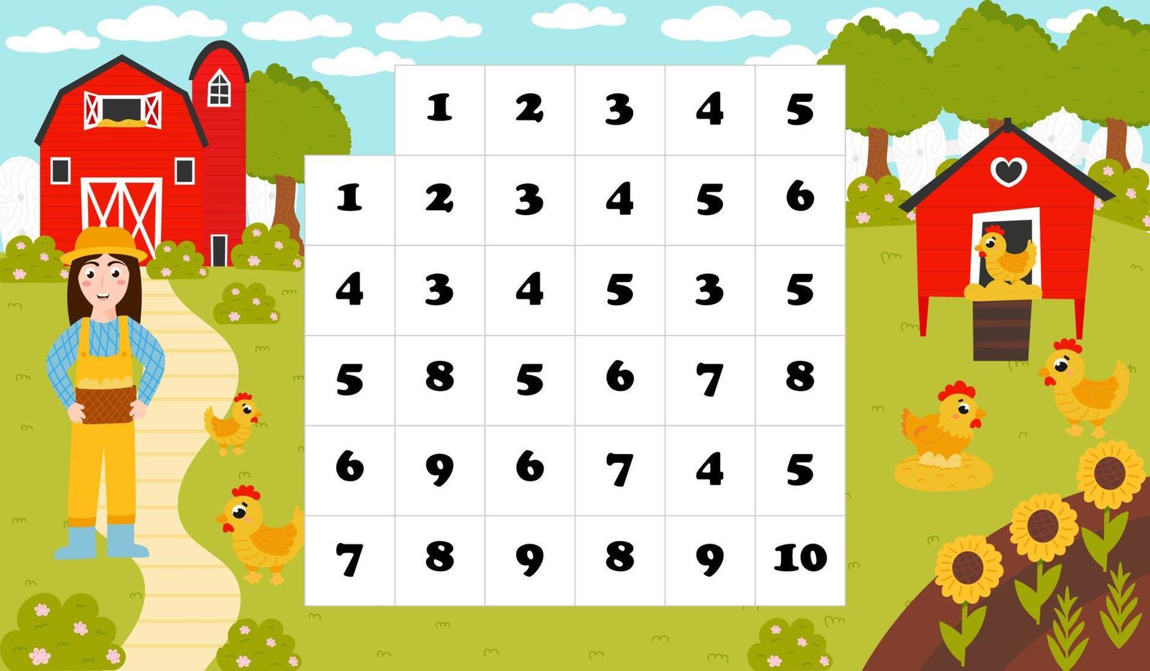 afdrukbare wiskunde labyrint voor kinderen in tekenfilm stijl met boer meisje en schuur, kippen, helpen naar vind manier naar kippenhok vector
