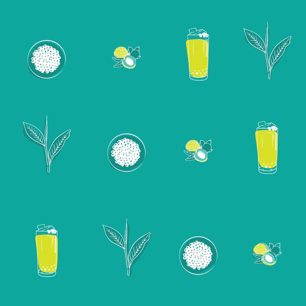 afdrukken achtergrond met lychee, thee blad, tapioca parel en bubbel thee lijn kunst voor drinken achtergrond vector