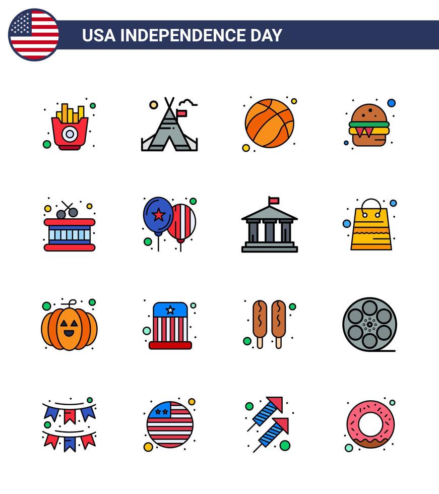 16 Verenigde Staten van Amerika vlak gevulde lijn tekens onafhankelijkheid dag viering symbolen van instrument maaltijd Amerikaans voedsel hamburger bewerkbare Verenigde Staten van Amerika dag vector ontwerp elementen
