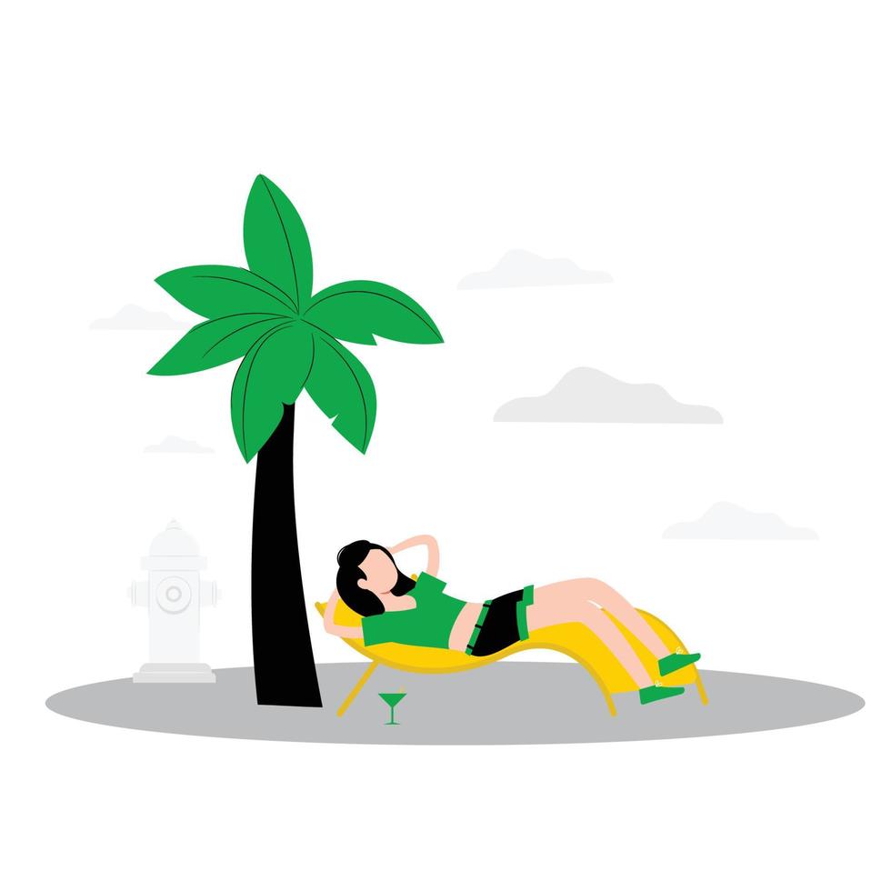 vrouw genieten van zonnebaden onder kokosnoot boom vector