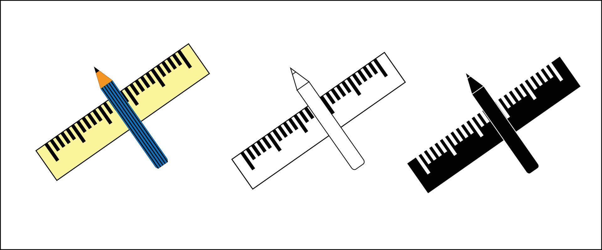 potlood en heerser vector geïsoleerd wit icoon ingekleurd en zwart en wit shilouette