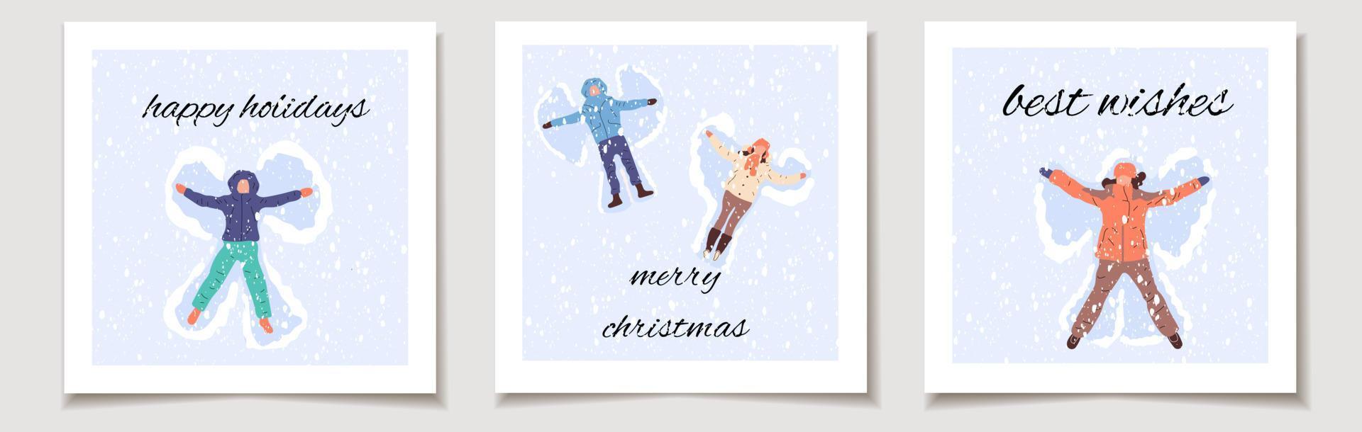 Kerstmis vector geschenk kaart of label Kerstmis reeks van drie gelukkig mensen maken sneeuw engel . vrolijk Kerstmis belettering, het beste wensen.