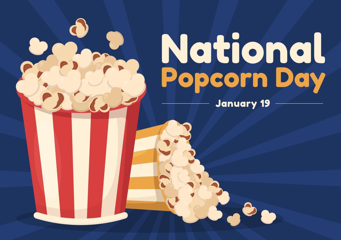 nationaal popcorn dag Aan januari 19e met een groot doos van rood en wit streep in vlak tekenfilm achtergrond hand- getrokken Sjablonen illustratie vector