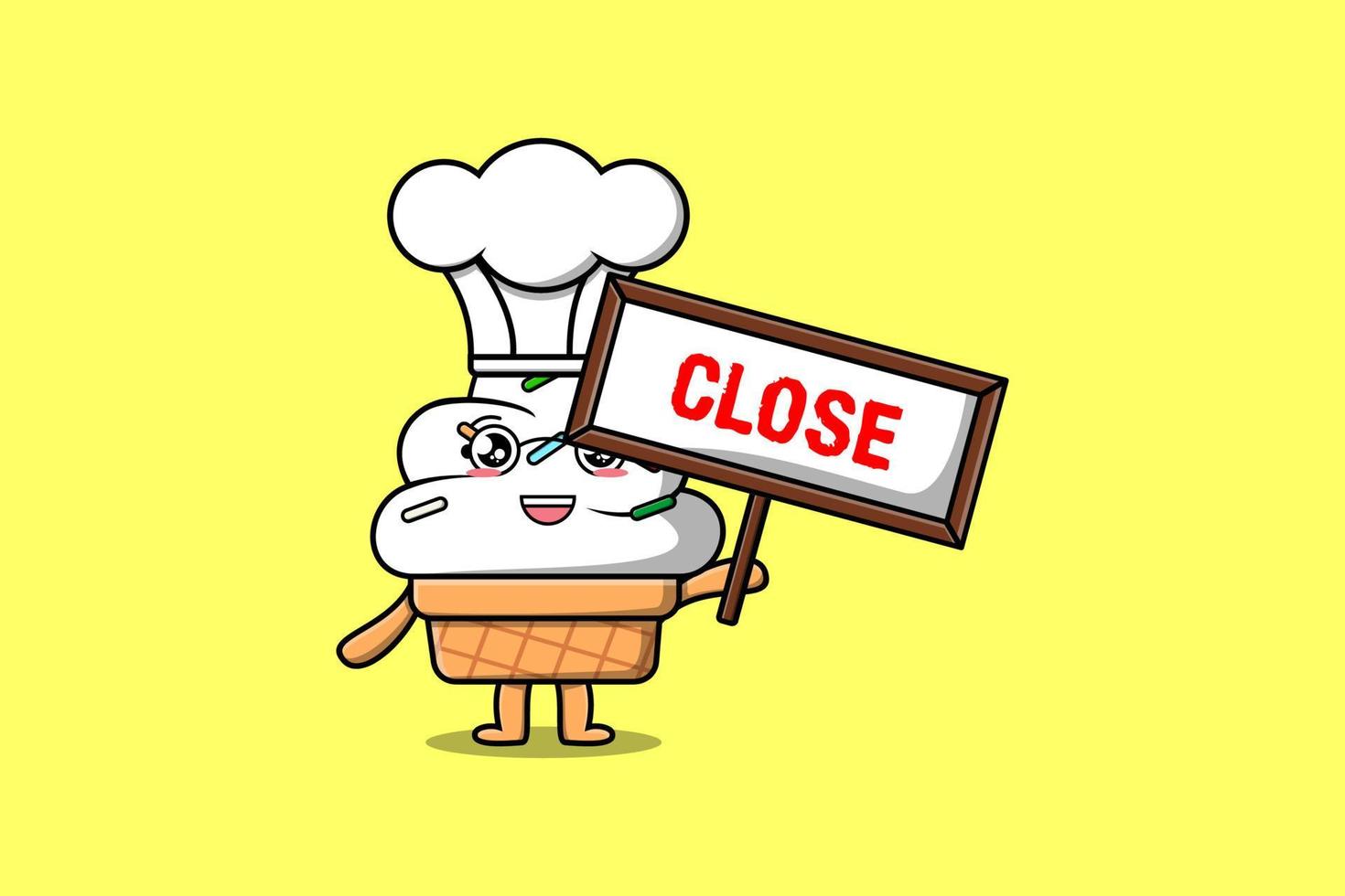 schattig tekenfilm ijs room chef houden dichtbij teken bord vector