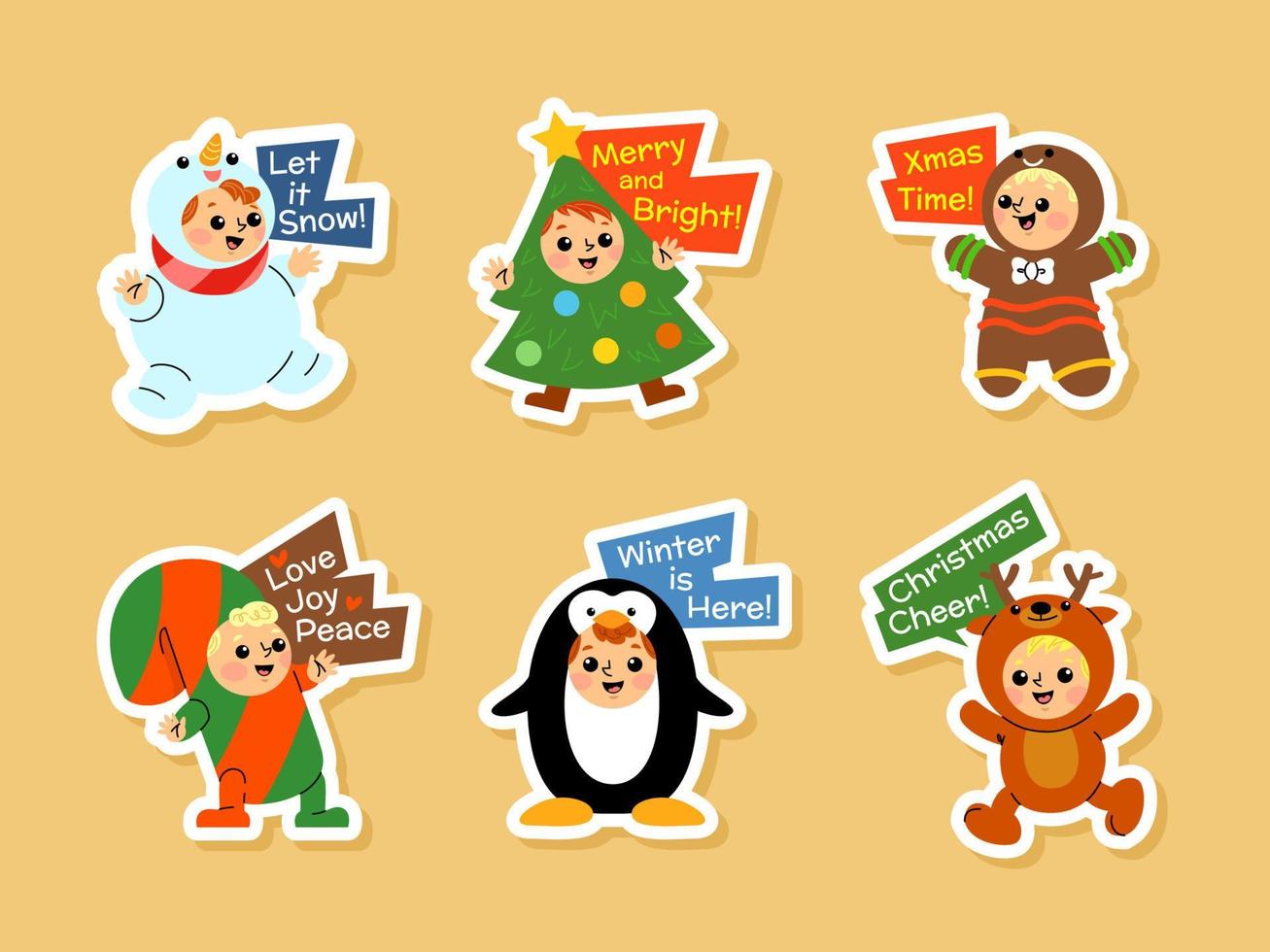 kinderen Kerstmis partij groet babbelen stickers reeks vector