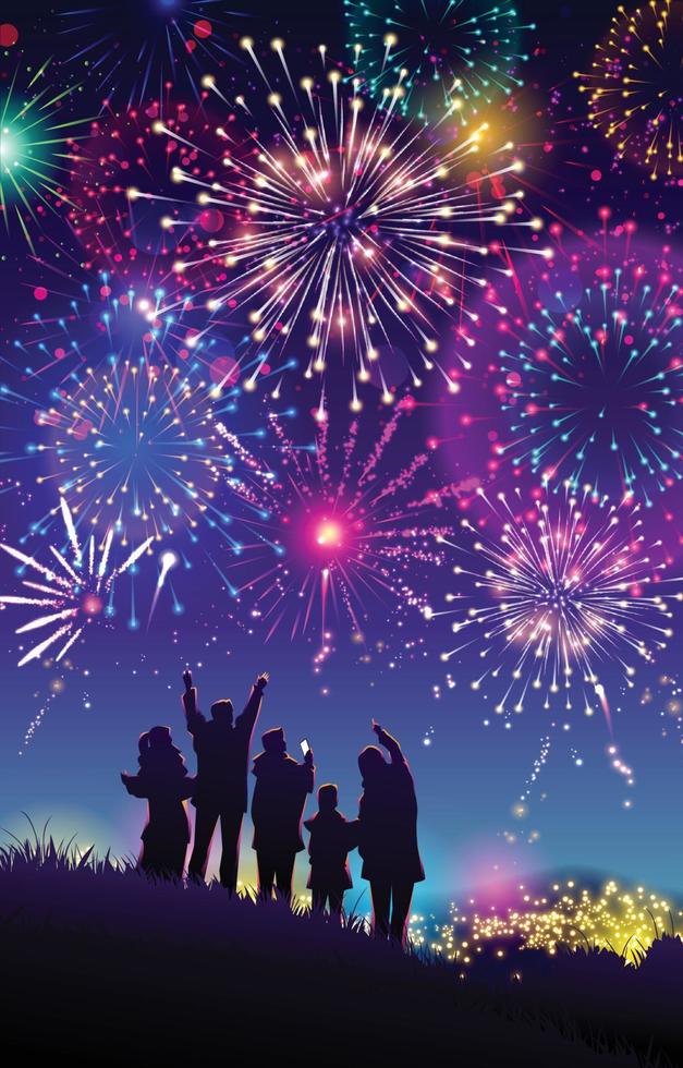 familie genieten van een nieuw jaar vuurwerk festival van de heuvel concept vector