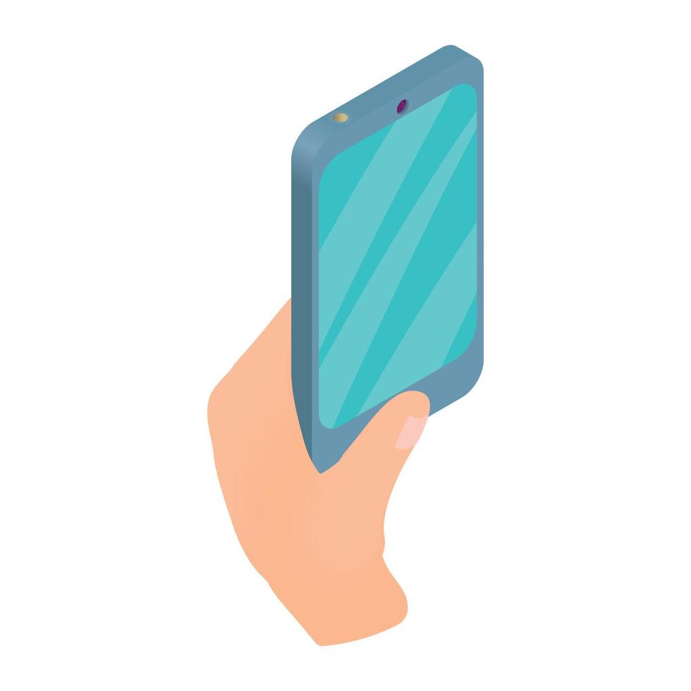 mannetje hand- Holding smartphone icoon, tekenfilm stijl vector