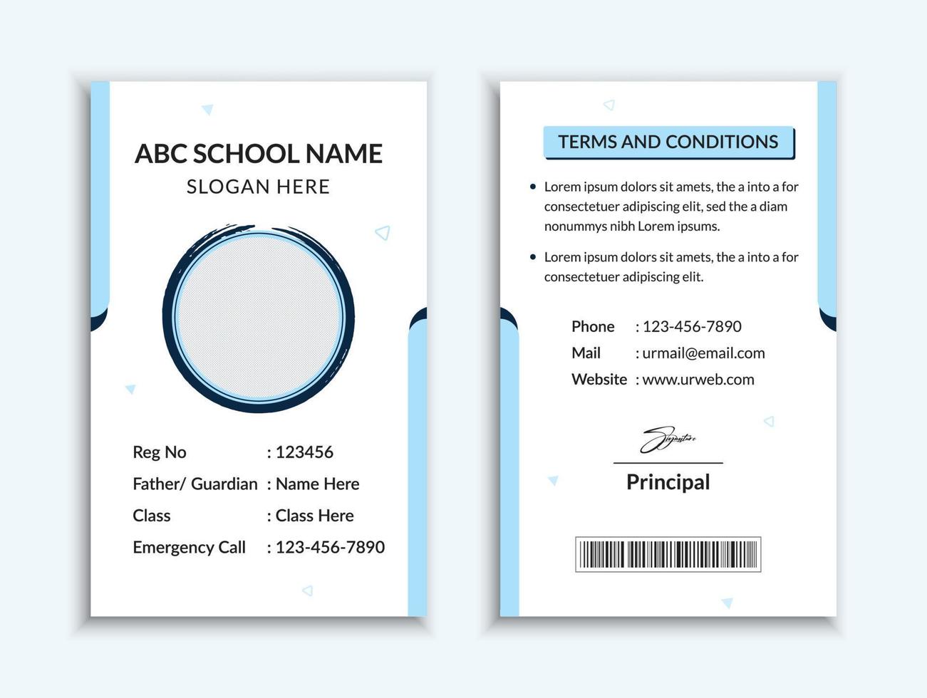 school- ID kaart kaart sjabloon en vatisch college leerling identiteit kaart ontwerp lay-out vector