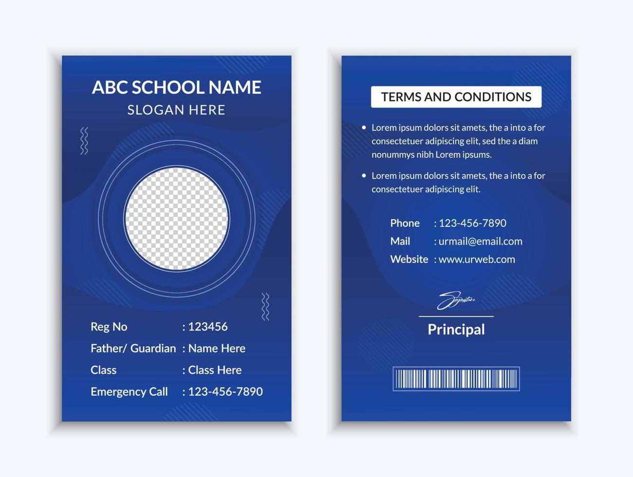 school- ID kaart kaart sjabloon en vatisch college leerling identiteit kaart ontwerp lay-out vector